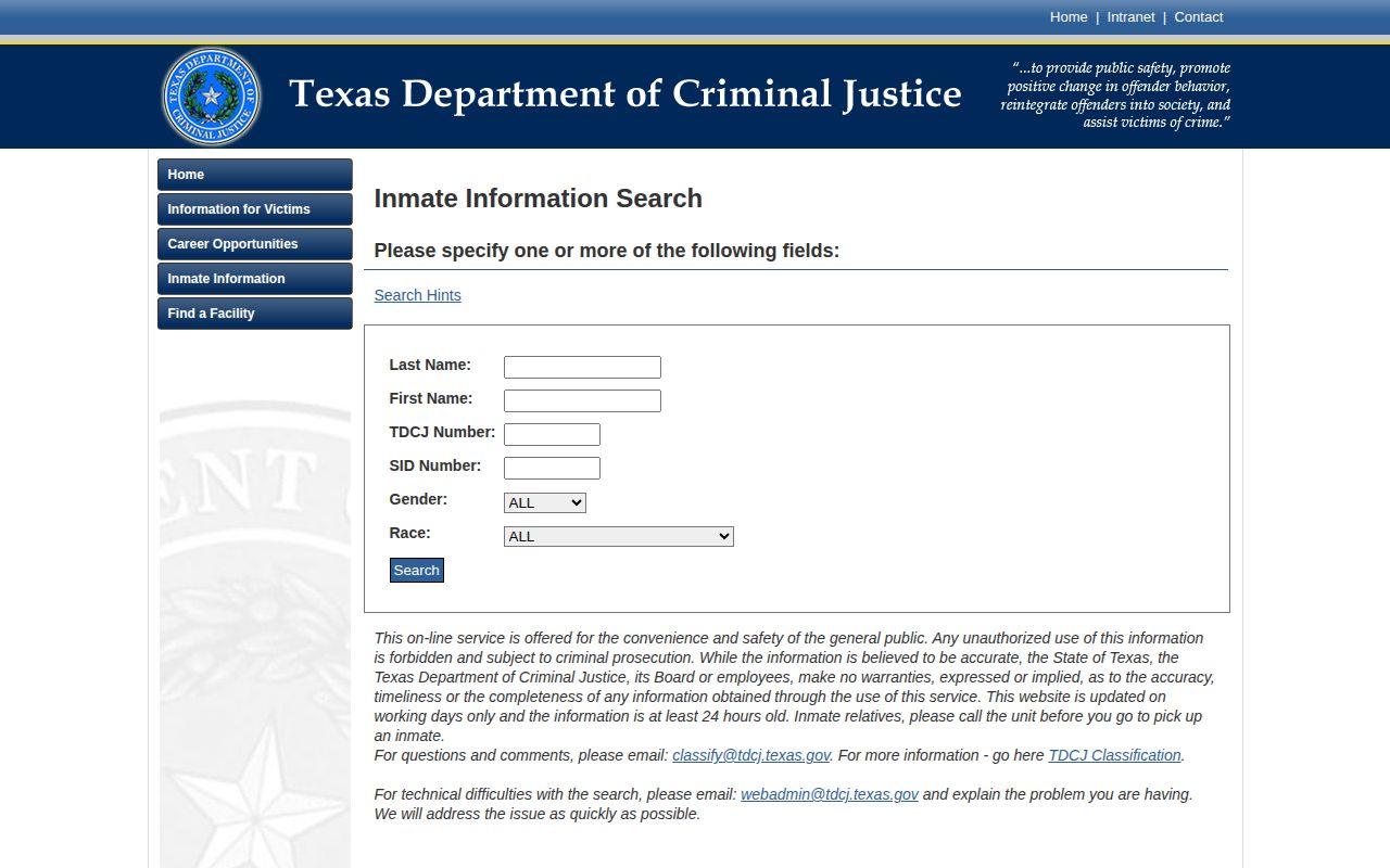Texas Department of Criminal Justice offender search fields